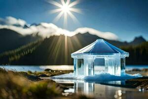 uma pequeno gelo cabana senta em a costa do uma lago. gerado por IA foto