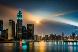 a cidade Horizonte às noite com luzes refletindo fora a água. gerado por IA foto