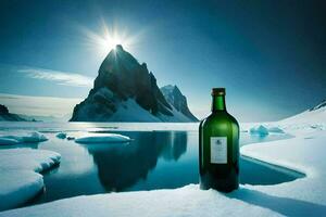 uma garrafa do vinho senta em a neve coberto chão. gerado por IA foto