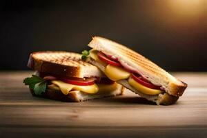 dois grelhado sanduíches com queijo e tomates em uma de madeira mesa. gerado por IA foto