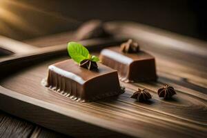 chocolate quadrados em uma de madeira bandeja. gerado por IA foto