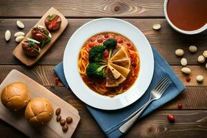 uma prato do espaguete com carne, brócolis e pão em uma de madeira mesa. gerado por IA foto