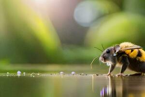 uma rato com amarelo e Preto listras em pé em a água. gerado por IA foto