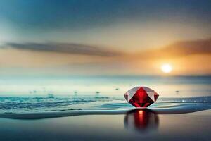 uma vermelho diamante em a de praia às pôr do sol. gerado por IA foto