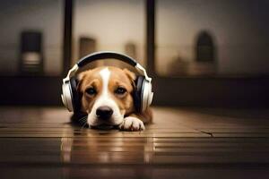 uma cachorro vestindo fones de ouvido deitado em a chão. gerado por IA foto