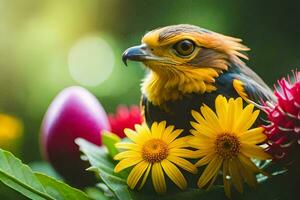 uma pássaro com amarelo e verde penas sentado em alguns flores gerado por IA foto