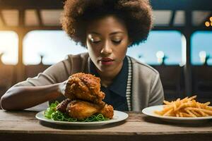 uma mulher é comendo uma frango sanduíche e fritas. gerado por IA foto