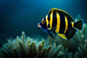 uma Preto e amarelo listrado peixe natação dentro a oceano. gerado por IA foto