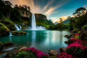 papeis de parede, natureza, cachoeira, flores, água, cachoeiras, cachoeiras, cachoeiras. gerado por IA foto