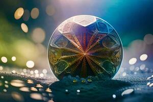 uma cristal bola sentado em uma mesa com água. gerado por IA foto