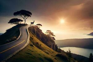 uma estrada em a topo do uma montanha com uma árvore em topo. gerado por IA foto