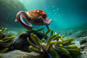 a polvo natação sobre a embaixo da agua coral recife. gerado por IA foto