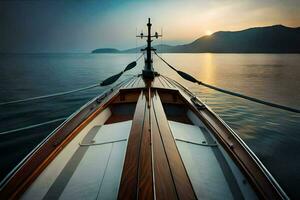 uma barco é ancorado às a costa às pôr do sol. gerado por IA foto