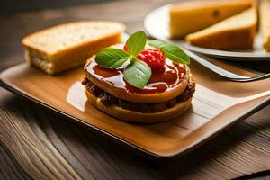 uma sanduíche com queijo e tomate em uma de madeira placa. gerado por IA foto