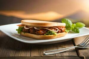 uma sanduíche com carne e legumes em uma placa. gerado por IA foto