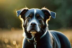 uma Preto e branco cachorro é em pé dentro uma campo. gerado por IA foto