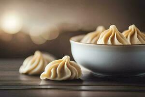 dumplings dentro uma tigela em uma mesa. gerado por IA foto