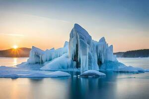 icebergs dentro a água às pôr do sol. gerado por IA foto