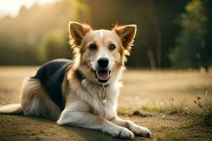 uma cachorro sentado em a terra dentro a Sol. gerado por IA foto