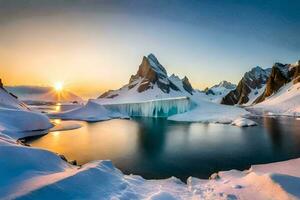 a Sol sobe sobre uma congeladas lago e montanhas. gerado por IA foto