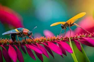 dois colorida insetos em uma Rosa flor. gerado por IA foto