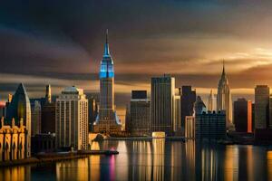 a cidade Horizonte às pôr do sol dentro Novo Iorque. gerado por IA foto