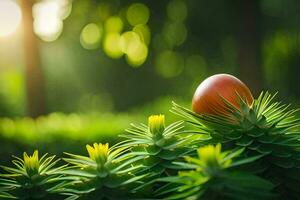 uma vermelho ovo sentado em topo do uma verde plantar. gerado por IA foto