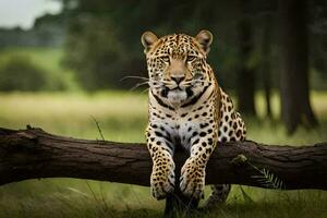 uma leopardo é sentado em uma árvore ramo. gerado por IA foto