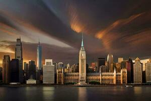 a cidade Horizonte é aceso acima de uma tormentoso céu. gerado por IA foto