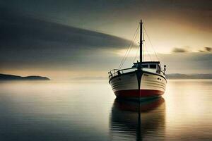 uma barco é sentado em a água às pôr do sol. gerado por IA foto