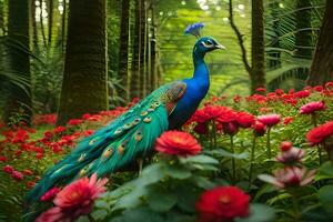 lindo pavão dentro a floresta. gerado por IA foto