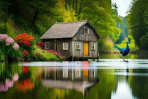 uma casa em a água com uma pavão em pé em a costa. gerado por IA foto