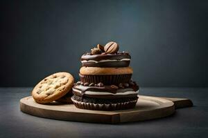 uma pilha do bolos de copo com chocolate geada e café feijões. gerado por IA foto