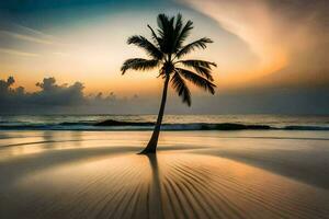 uma Palma árvore carrinhos sozinho em uma de praia às pôr do sol. gerado por IA foto