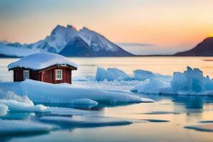 uma vermelho casa senta em a gelo dentro frente do uma montanha. gerado por IA foto