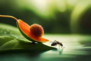 uma erro em uma folha com a laranja flor. gerado por IA foto