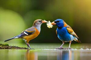 dois pássaros estão em pé perto a água e 1 é comendo uma flor. gerado por IA foto