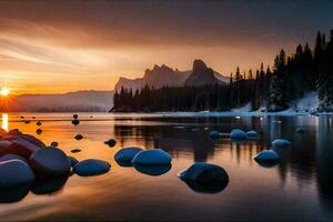 uma lindo pôr do sol sobre uma lago com pedras e neve. gerado por IA foto