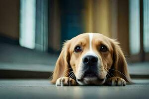 uma cachorro deitado em a chão olhando acima. gerado por IA foto