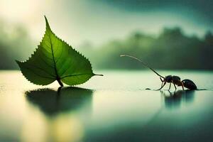 uma besouro e uma folha em a água. gerado por IA foto