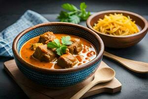 frango Curry dentro uma tigela com arroz e legumes em uma de madeira mesa. gerado por IA foto