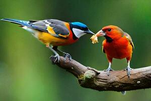 dois colorida pássaros comendo Comida em uma ramo. gerado por IA foto