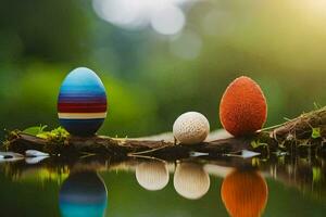 três colorida ovos sentar em uma ramo dentro a água. gerado por IA foto