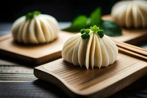 três dumplings em de madeira Pranchas com pauzinhos. gerado por IA foto