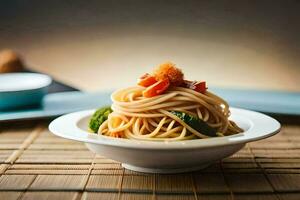 uma prato do espaguete com tomate e manjericão. gerado por IA foto