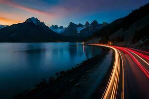 uma carro dirigindo ao longo a estrada com luz trilhas. gerado por IA foto