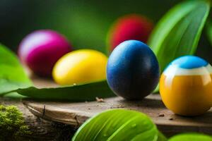 colorida Páscoa ovos em uma de madeira mesa. gerado por IA foto