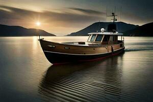 uma barco em a água às pôr do sol. gerado por IA foto