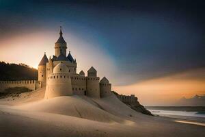 uma castelo senta em a areia às pôr do sol. gerado por IA foto