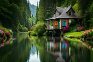 uma pequeno casa senta em a Beira do uma lago. gerado por IA foto